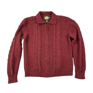 Cabelas Womens Fisherman Cable Knit Full Zip Sweater Red Medium Cotton